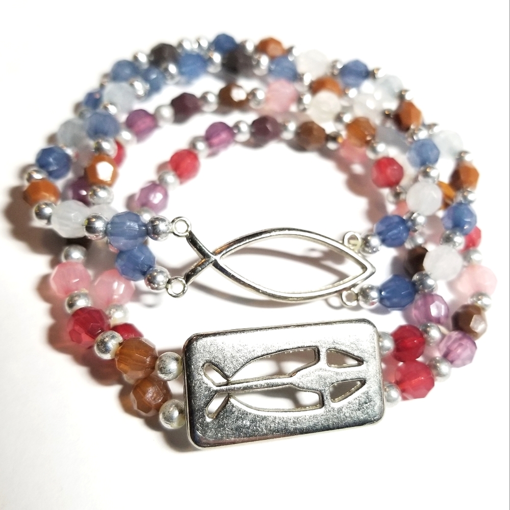 Two Christian Ichthys bracelets beaded stretchy Jesus fish pink blue silver